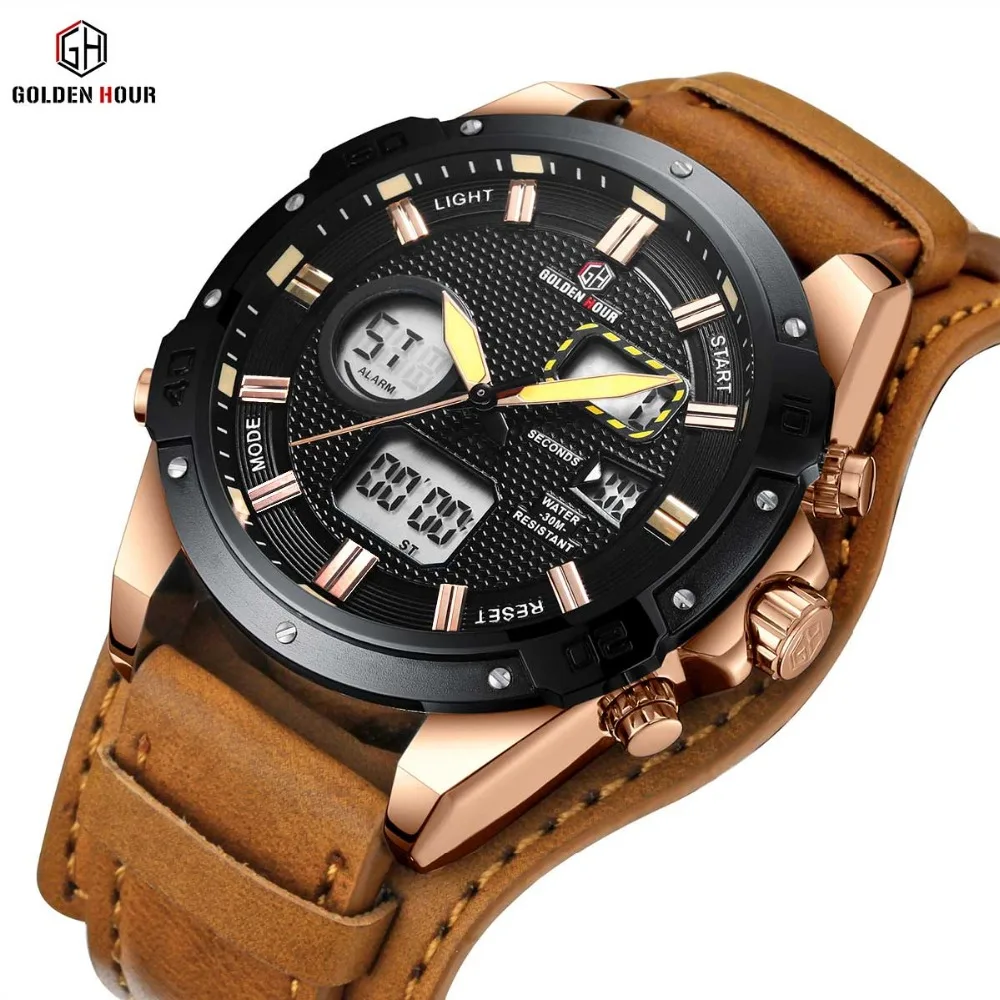 GOLDENHOUR Dual Time Цифровые Аналоговые спортивные часы мужские коричневый кожаный ремешок светильник светодиодный Будильник календарь дисплей водонепроницаемые часы