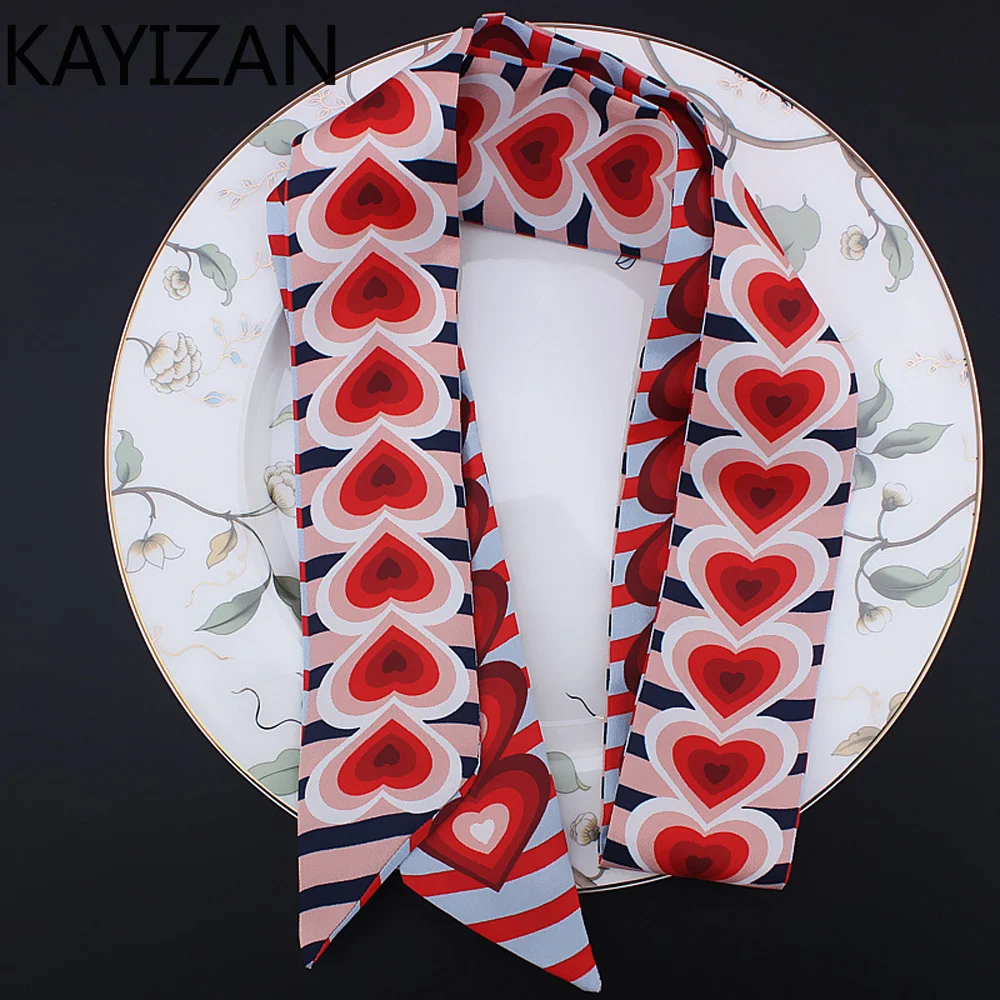 KAYIZAN маленький шелковый шарф шеи длинные тонкие шарфы повязка Hairband Сердце печати