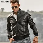 Мужская приталенная кожаная куртка FLAVOR, мотоциклетная куртка из шкуры ягненка, пальто из натуральной кожи со стоячим воротником и черными манжетами в рубчик