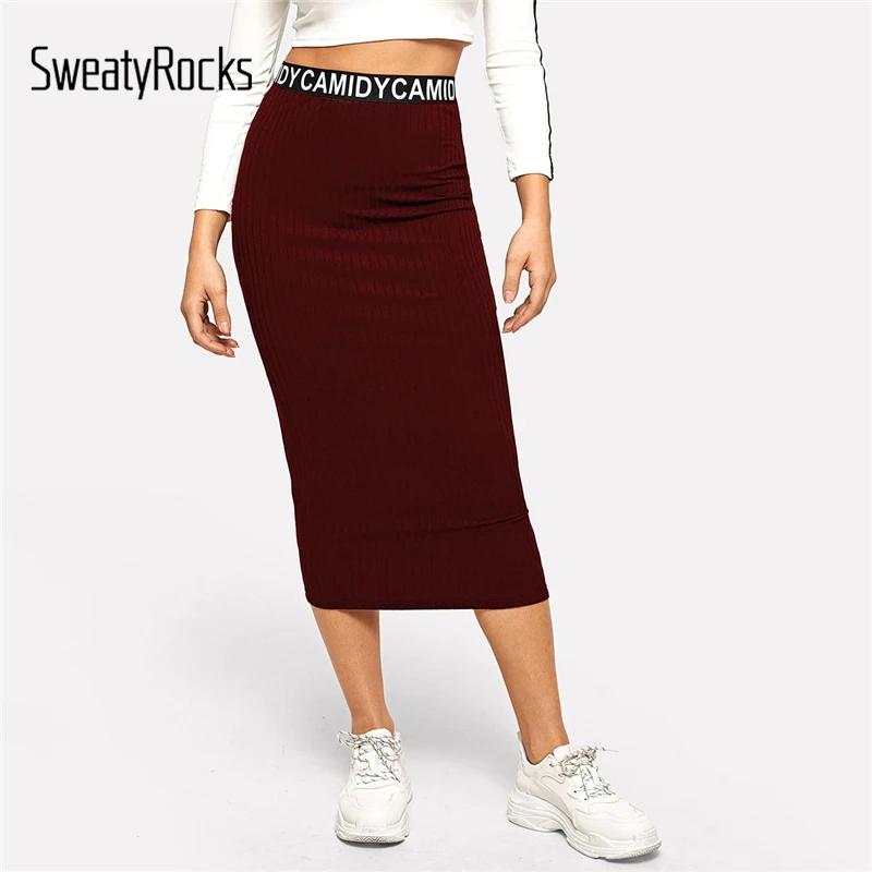 SweatyRocks облегающая юбка в рубчик с буквенным принтом на талии, Обтягивающие юбки весна-лето, женские повседневные Облегающие юбки