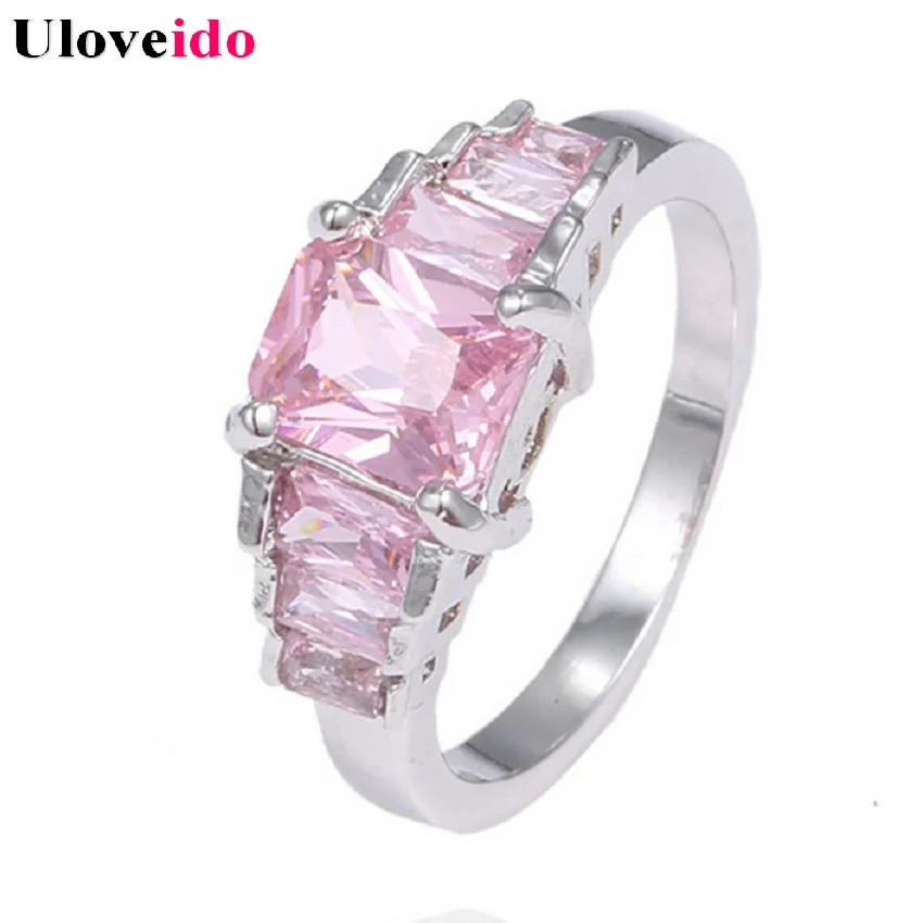 Uloveido Подарки для женщин Кристальное кольцо с розовым камнем посеребренные