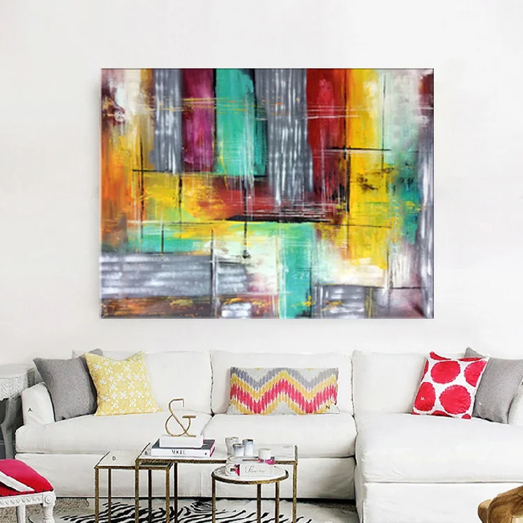 

Handmade thick knife high quality Modern Abstract Colorful Color blocks Fine Artwork Canvas Decor Oil Painting for Living Room