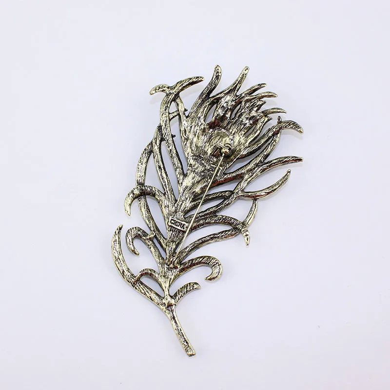 Новое прибытие большой женские винтажные перо Бронзовый Брошь Pin Античное золото Кристалл Rhinestone металлические украшения аксессуар, элемент: BH7943