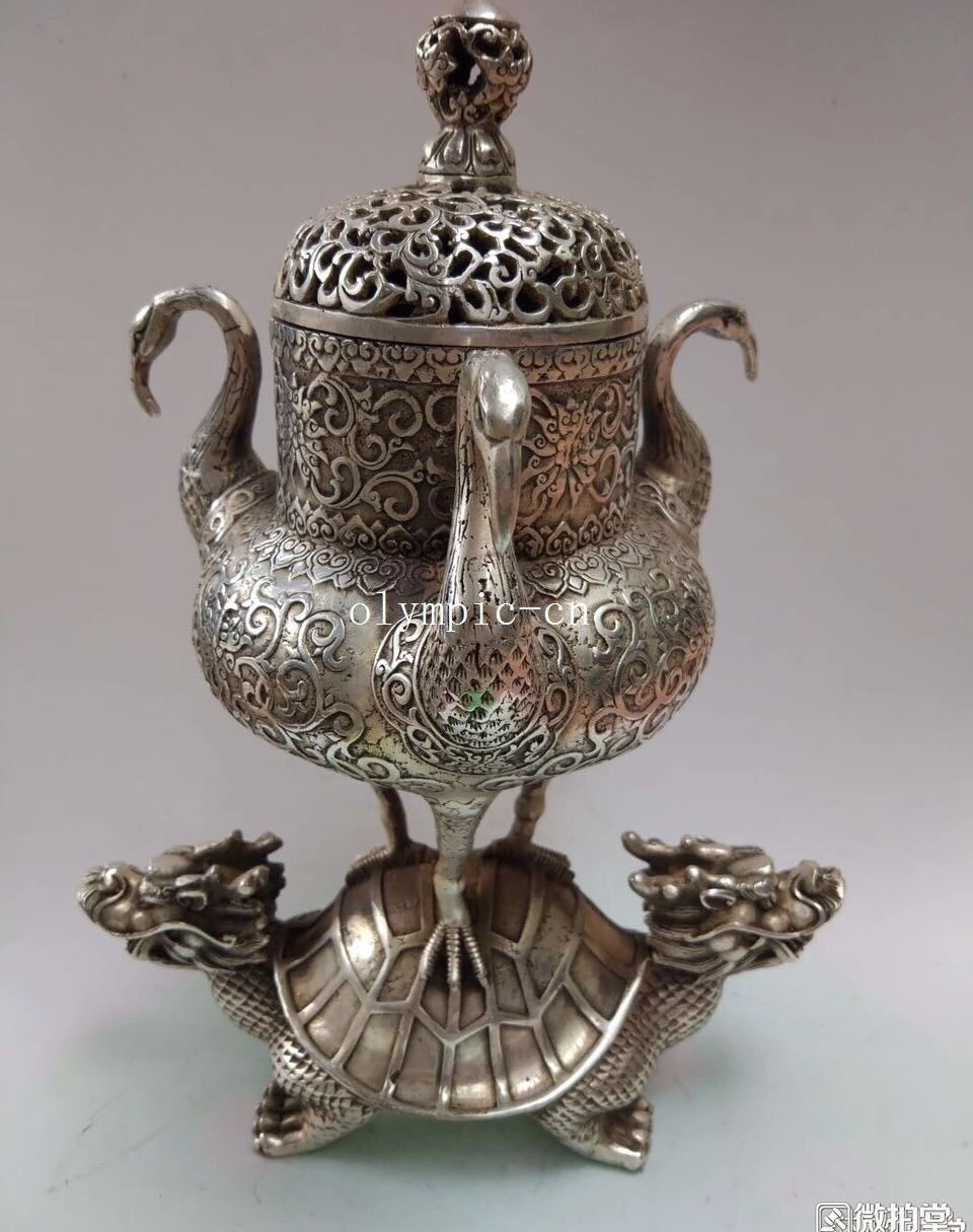 

11''bronze silver-plated carved flowers three crane on both Dragon Turtle censer