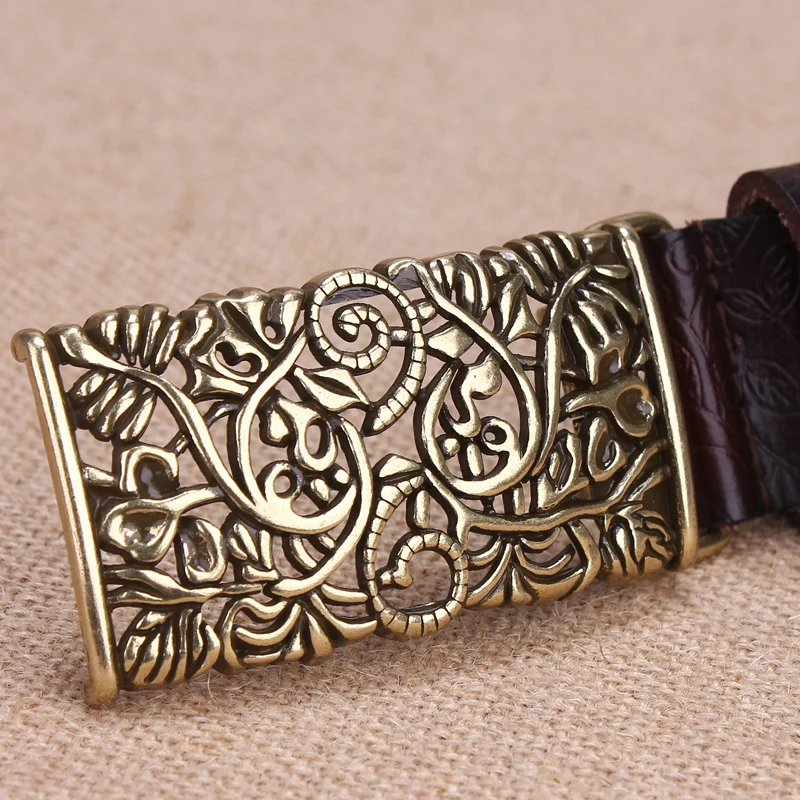 2021 New Arrival Fashion Vintage Belt Woman Casual Genuine Leather Smooth Buckle Hollow Out Wide Waist Belt For Jeans Pants