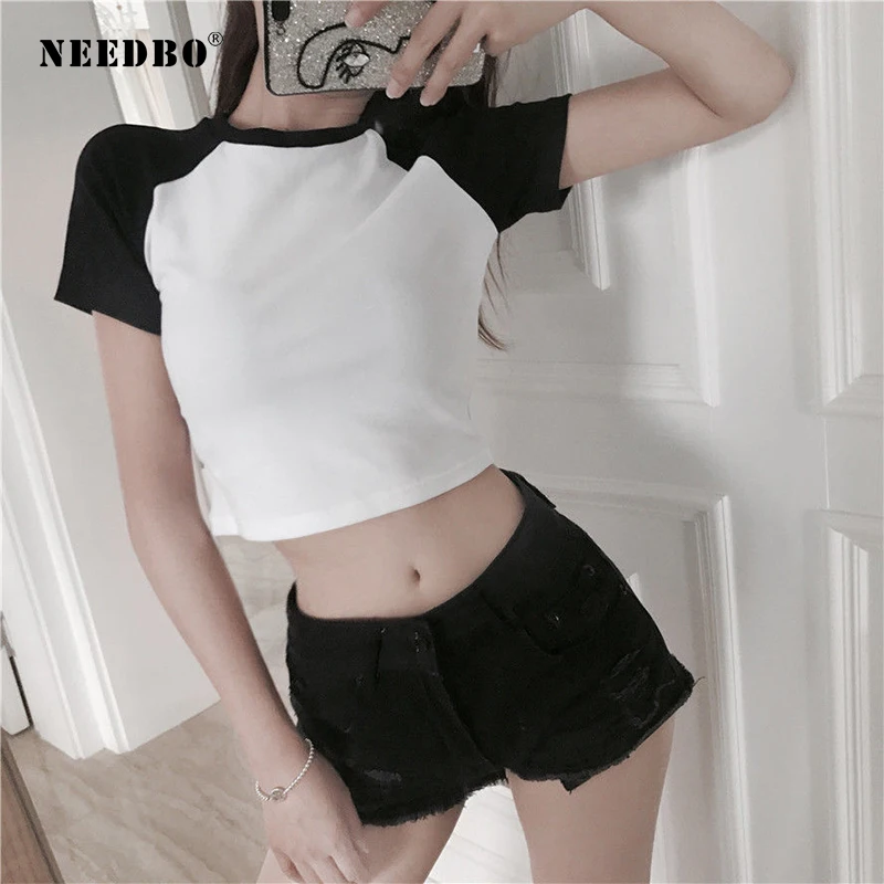 NEEDBO сексуальный укороченный топ футболка женская mujer одноцветная Спортивная