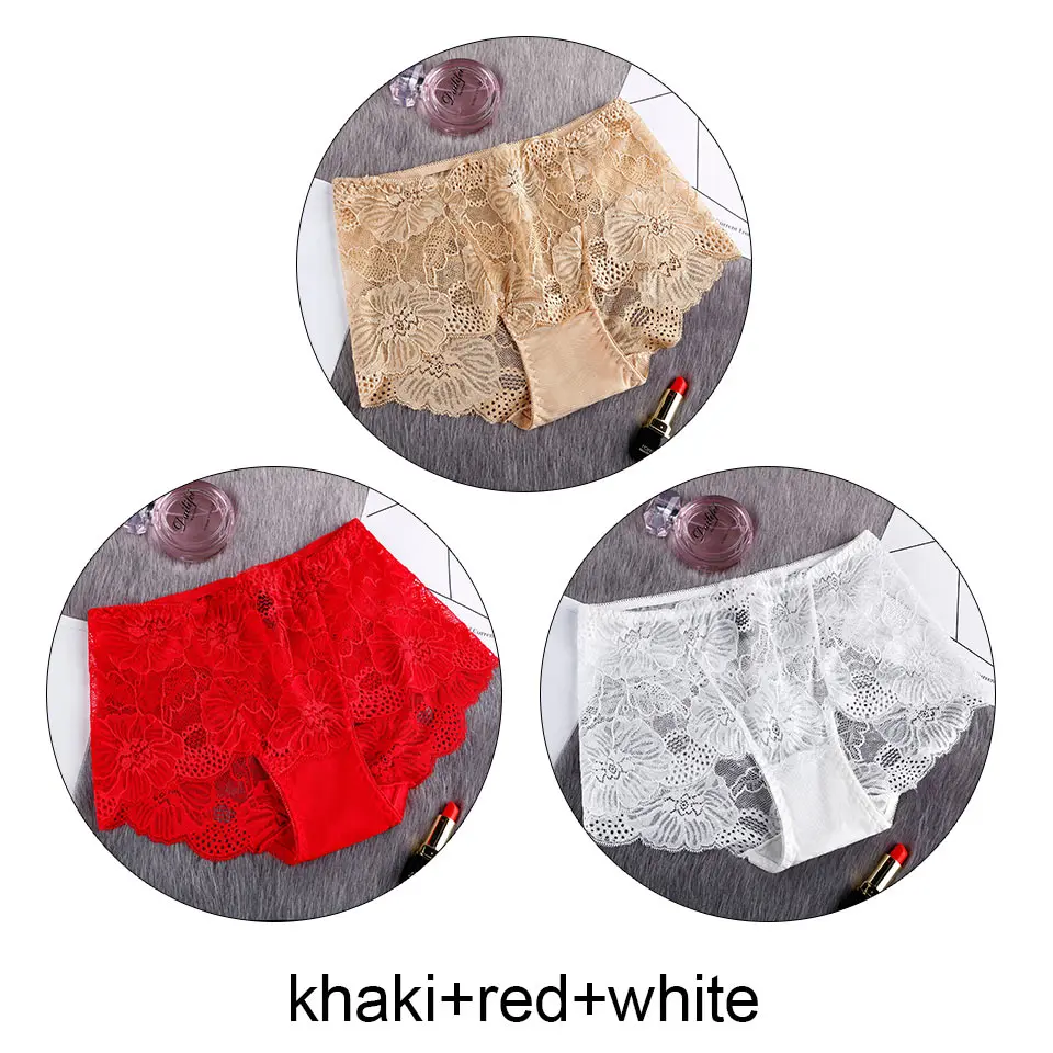 khaki red white 3 шт., женские трусы, партия, сексуальные кружевные трусы с высокой талией, прозрачное дышащее нижнее белье, бесшовное белье, Cullote Femme L-XXL - Цвет: khaki red white