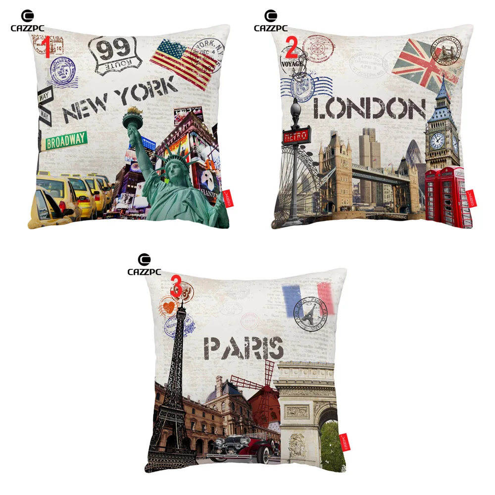 Винтаж Нью Йорк Лондон Париж Биг Бен Статуя Свободы Эйфелева наволочка с