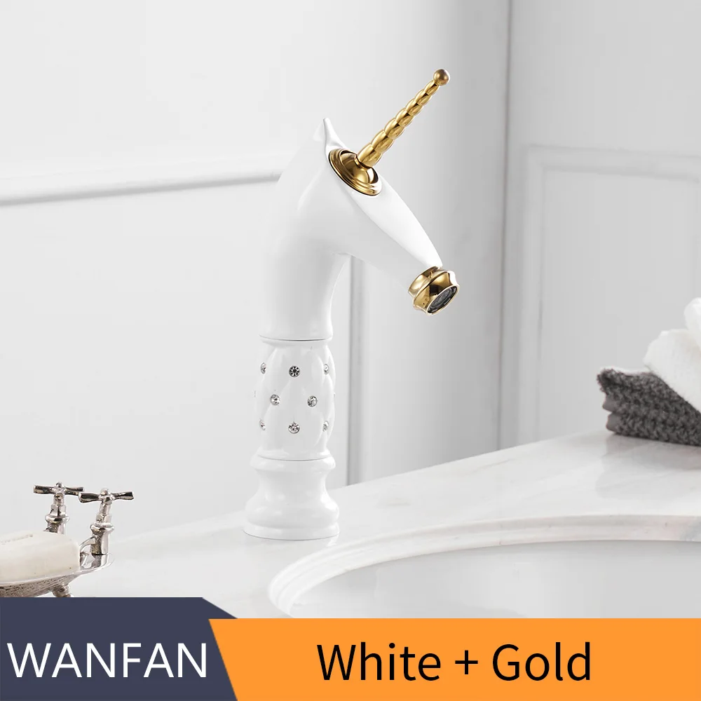 White And Gold Смеситель для раковины, уникальный модный кран для ванной комнаты с лошадиной головкой, черная латунь, на бортике, одинарная длинная ручка, смеситель для туалета 855755 - Цвет: White And Gold