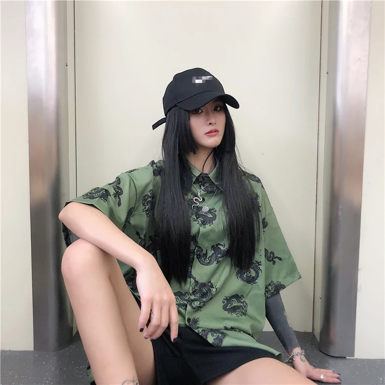 Harajuku/Модная уличная Корейская женская блузка с принтом дракона, коротким рукавом, пуговицами и отложным воротником, топ, рубашка, Винтажная футболка с готическим рисунком