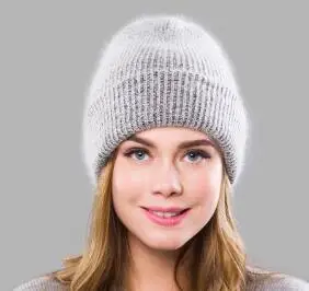 Darkgrey Вязаные шапки из кроличьей шерсти, меховые шапки для женщин, настоящие меховые шапочки, одноцветные женские зимние шапки, tbsr498 - Цвет: Darkgrey