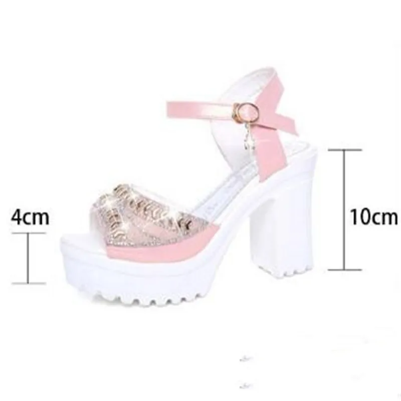2018 summer new high-heeled women's sandals thick with rhinestone waterproof platform buckle large size | Обувь