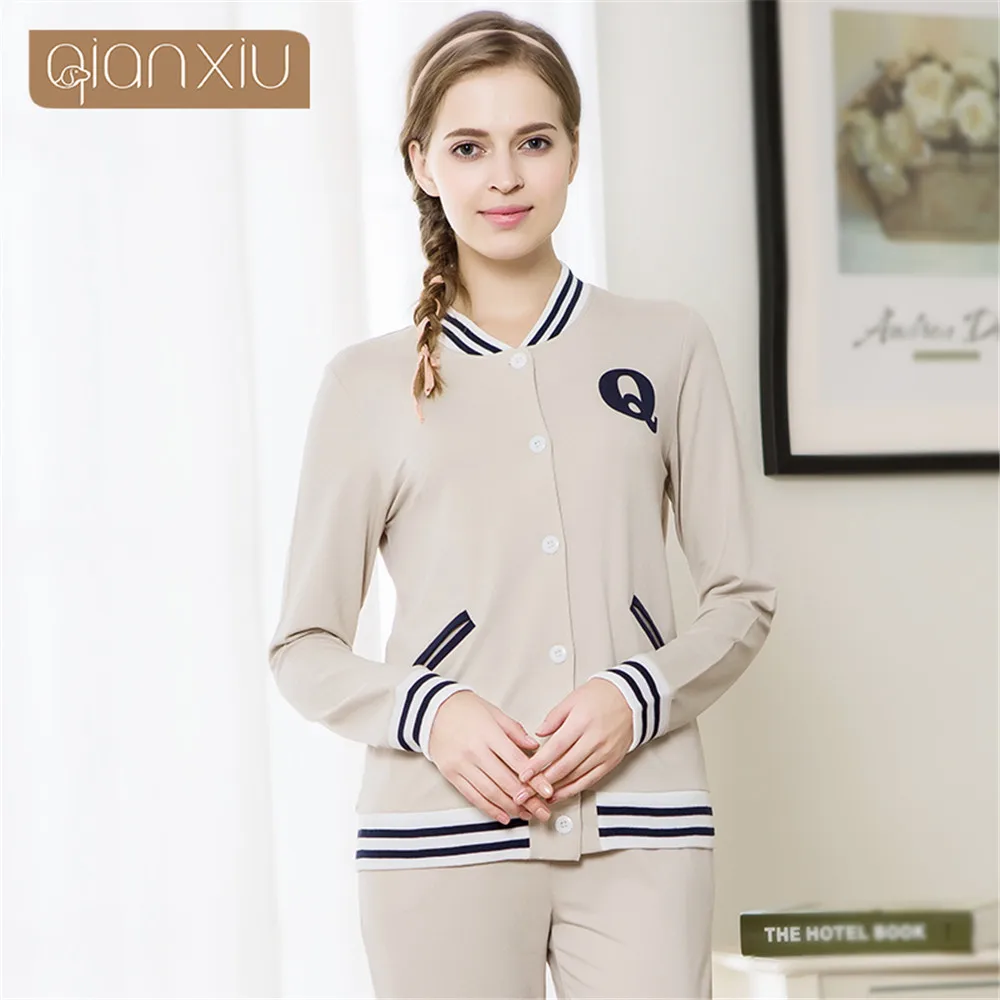 

Qianxiu Spring New Cotton Stand Collar Home Nightgown Suit Long Sleeve Big Yards Home Service The New Model For Women