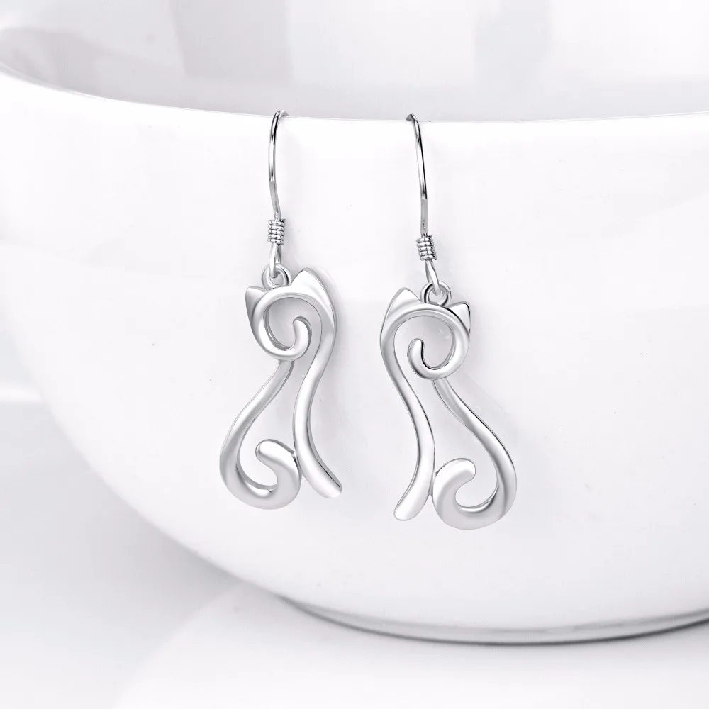 Женские серьги подвески с котом из серебра 100% пробы|earring charms|925 sterlingdrop silver earrings |