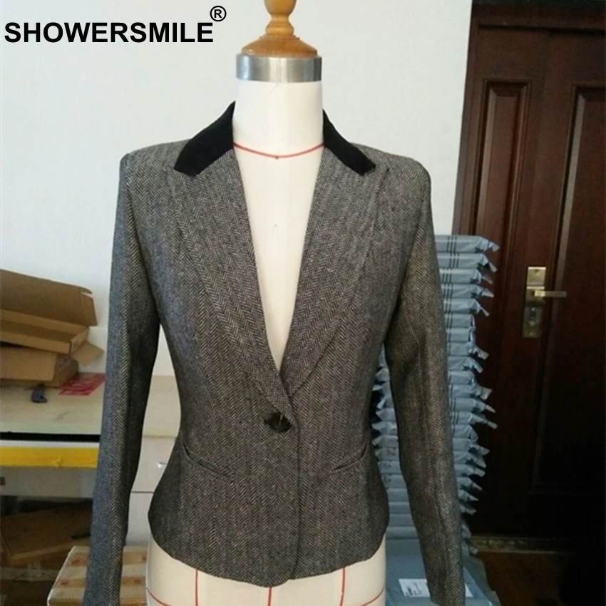 black SHOWERSMILE, женские блейзеры, британский стиль, женская твидовая куртка с узором в елочку, шерстяная, винтажная, кофейная, весенняя, женские блейзеры и куртки - Цвет: black