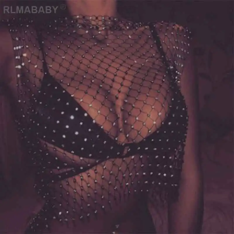 Black crop top Rlmaaby сексуальный сетчатый Кристалл Стразы короткий топ и юбка Женский комплект Холтер открытая спина полый комплект из двух частей Алмазный пляжный летний комплект - Цвет: Black crop top