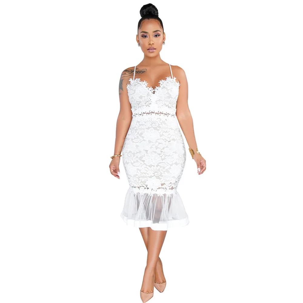 Женское кружевное платье с юбкой годе прозрачное ажурное V образным вырезом и