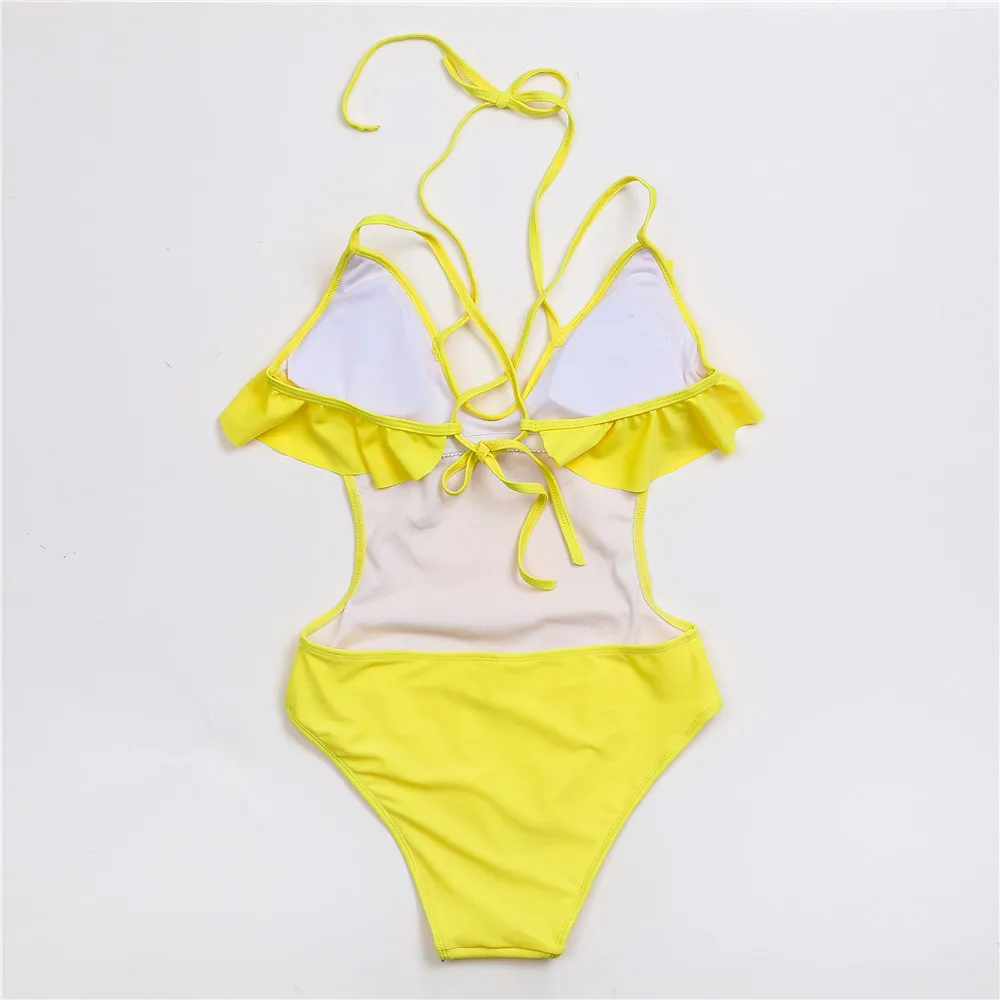 Winswim, Желтый сплошной цельный купальник с глубоким вырезом, Женский сексуальный купальник с оборками и вырезами, монокини, купальник для девушек, купальный костюм