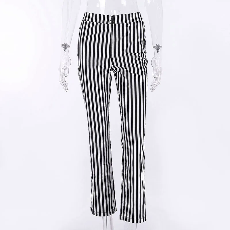 WannaThis, черные, белые, с боковыми полосками, длинные расклешенные штаны для женщин, с высокой талией, на молнии, с металлическим кольцом, брюки, сексуальные, повседневные, обтягивающие, летние