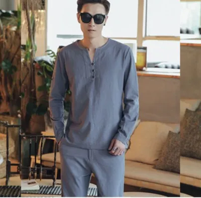 gray long shirts Мужская футболка большого размера, M-7xl 8XL 9XL, футболка, льняные футболки с длинными рукавами, повседневный костюм из двух предметов с v-образным вырезом, комплекты футболок 150 кг - Цвет: gray long shirts
