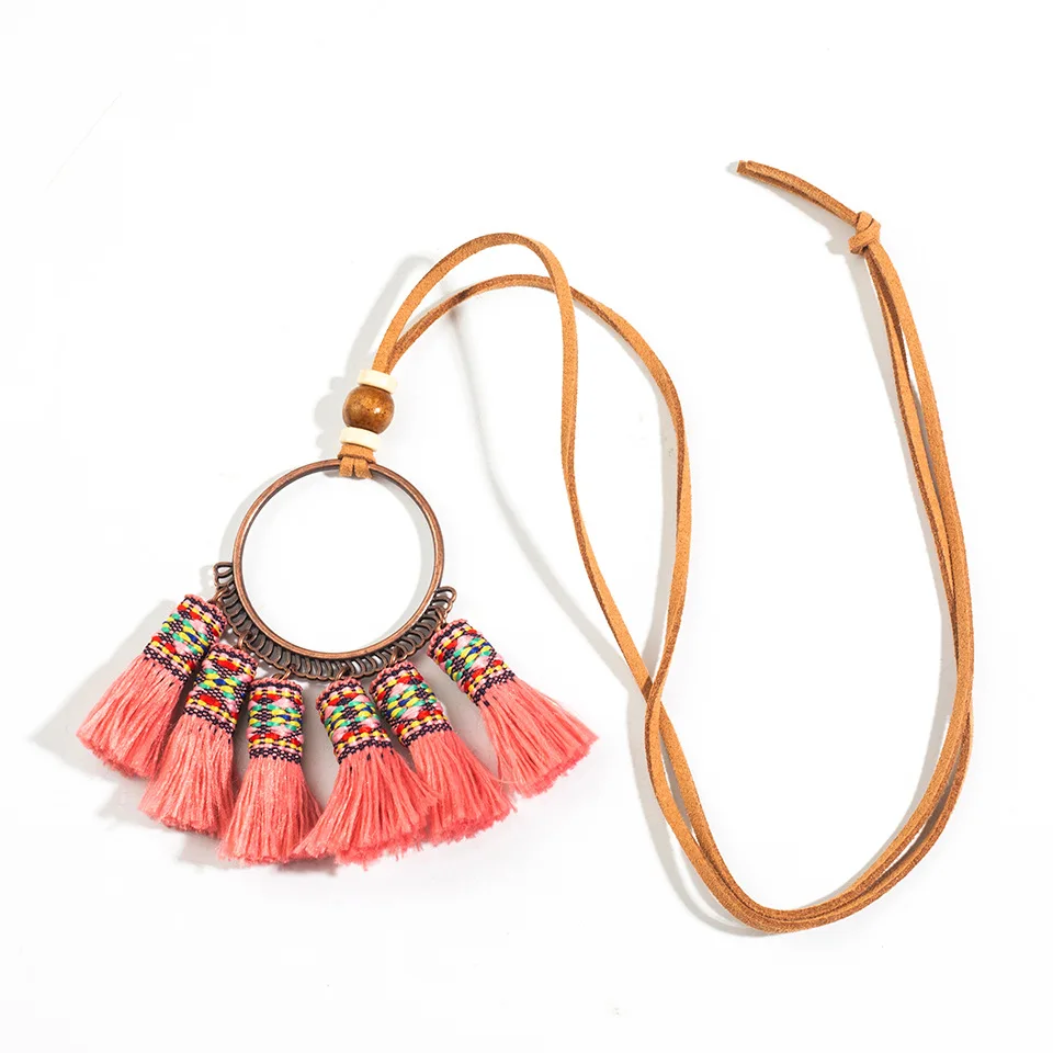 Pink 5 цветов Винтаж Boho чешские Этническая кисточкой кулон Цепочки и ожерелья для Для женщин длинные веревку цепи колье Костюмы аксессуары и украшения - Окраска металла: Pink