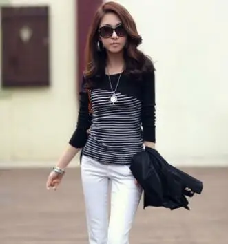 ECTTC 2019 Fashion Women Lady Clothing T-Shirts Tops Striped Cotton Brief Long Sleeve T Shirt Casual Tee Autumn | Женская одежда