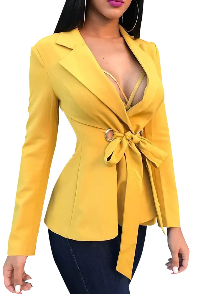 YELLOW Приталенный Женский блейзер, пиджак для работы, офиса, леди, желтый костюм, ремешок для глаз, галстук, бизнес Блейзер с зубцами, элегантное пальто, блейзер для женщин - Цвет: YELLOW