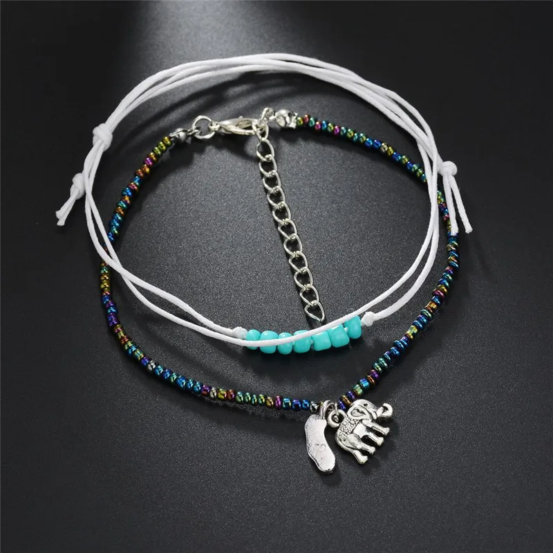 s091elephant S087 винтажные Многослойные женские браслеты для щиколотки слон Солнечный кулон талисманы Веревка Цепь Пляж Лето ноги ювелирный браслет на лодыжку - Окраска металла: s091elephant