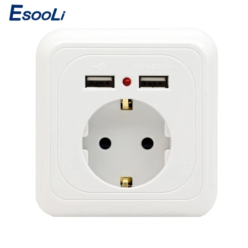 Socket-1 Esooli Новое поступление производитель настенная розетка 16A ЕС стандартный отвод с 2.4A двойной USB порт зарядного устройства для мобильного телефона - Тип: Socket-1