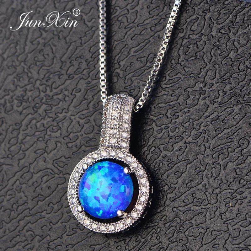 JUNXIN Female White/Green/Pink/Blue Fire Opal Necklace White Gold Filled Jewelry Simple Round Necklaces &amp Pendants For Women | Украшения