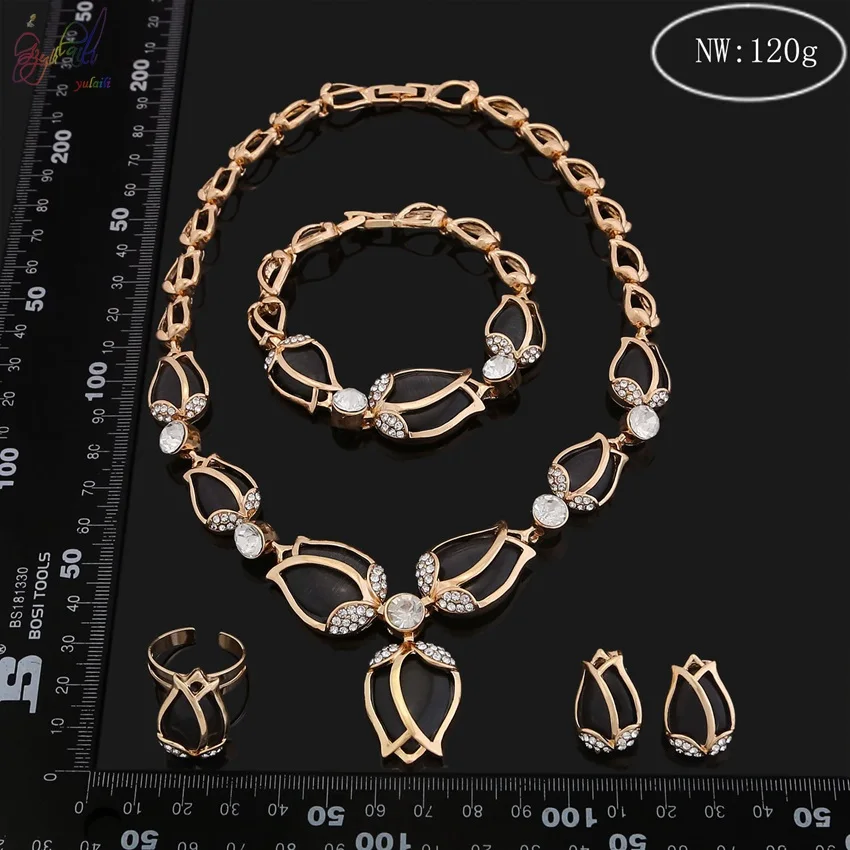 

YULAILI 2018 New Arrival Rose Flower Design Zinc Alloy Nigerian Wedding Necklace Bracelet Earrings Ring Jewelry Set