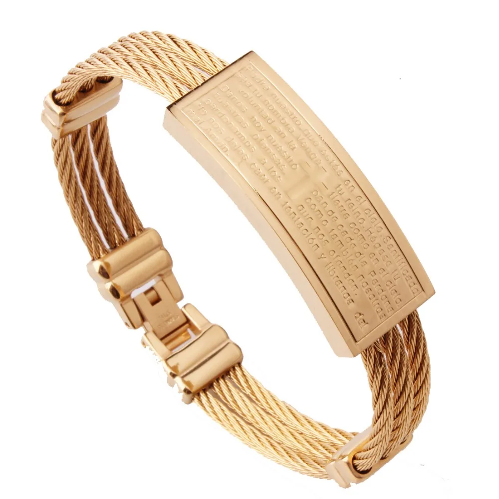 Fashion Gift Stainless Steel Gold Tone Cross Bible 3 Rows Cable Wire Rope Chain Cuff Bangle Bracelets Mens Womens Jewelry 7.67&quot |