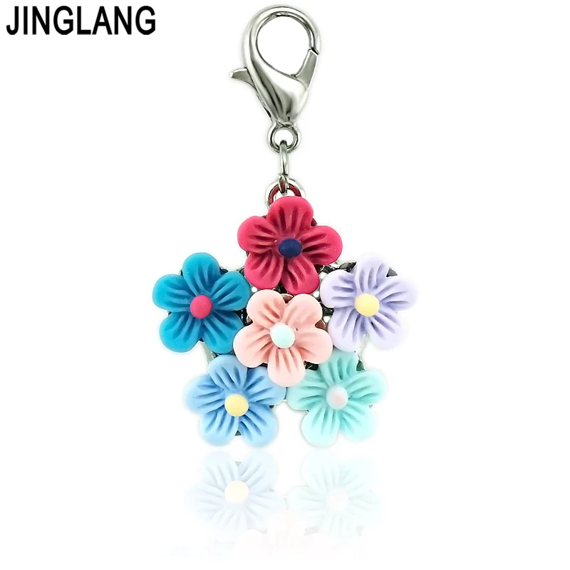 

JINGLANG Brand New Charms With Lobster Clasp Dangle Six Resin Flower Pendants DIY Charms For Jewelry Making Accessories