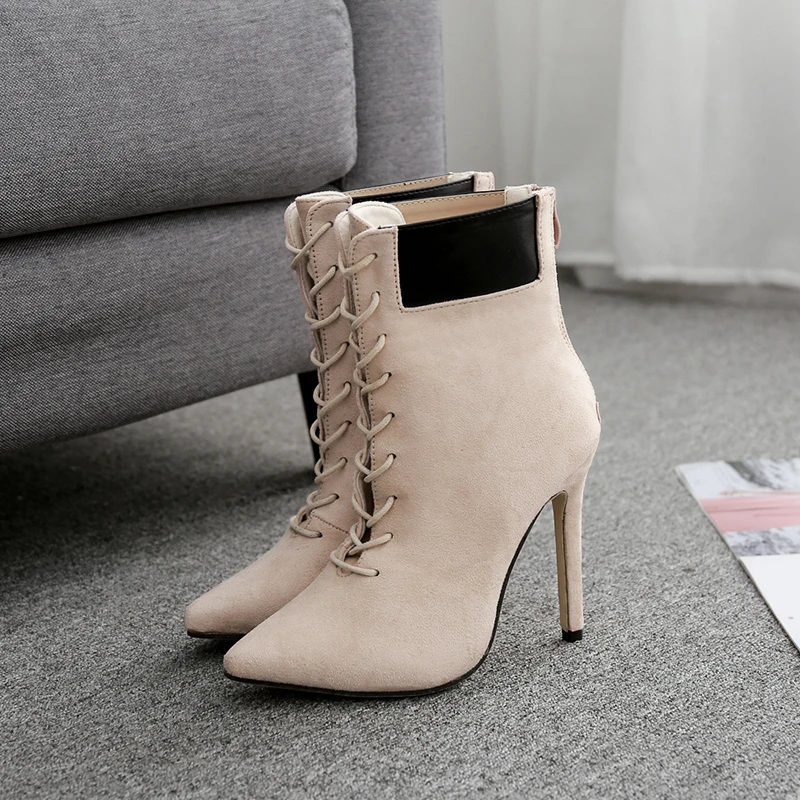 Зимние женские ботильоны из флока с острым носком на тонком каблуке пикантная