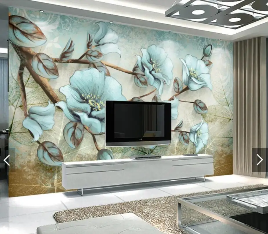 

3D Blue Flower Wallpaper Wall Mural Photo Wallpaper Rolls Contact Paper Floral Murals Papel De Parede Painting TV Background