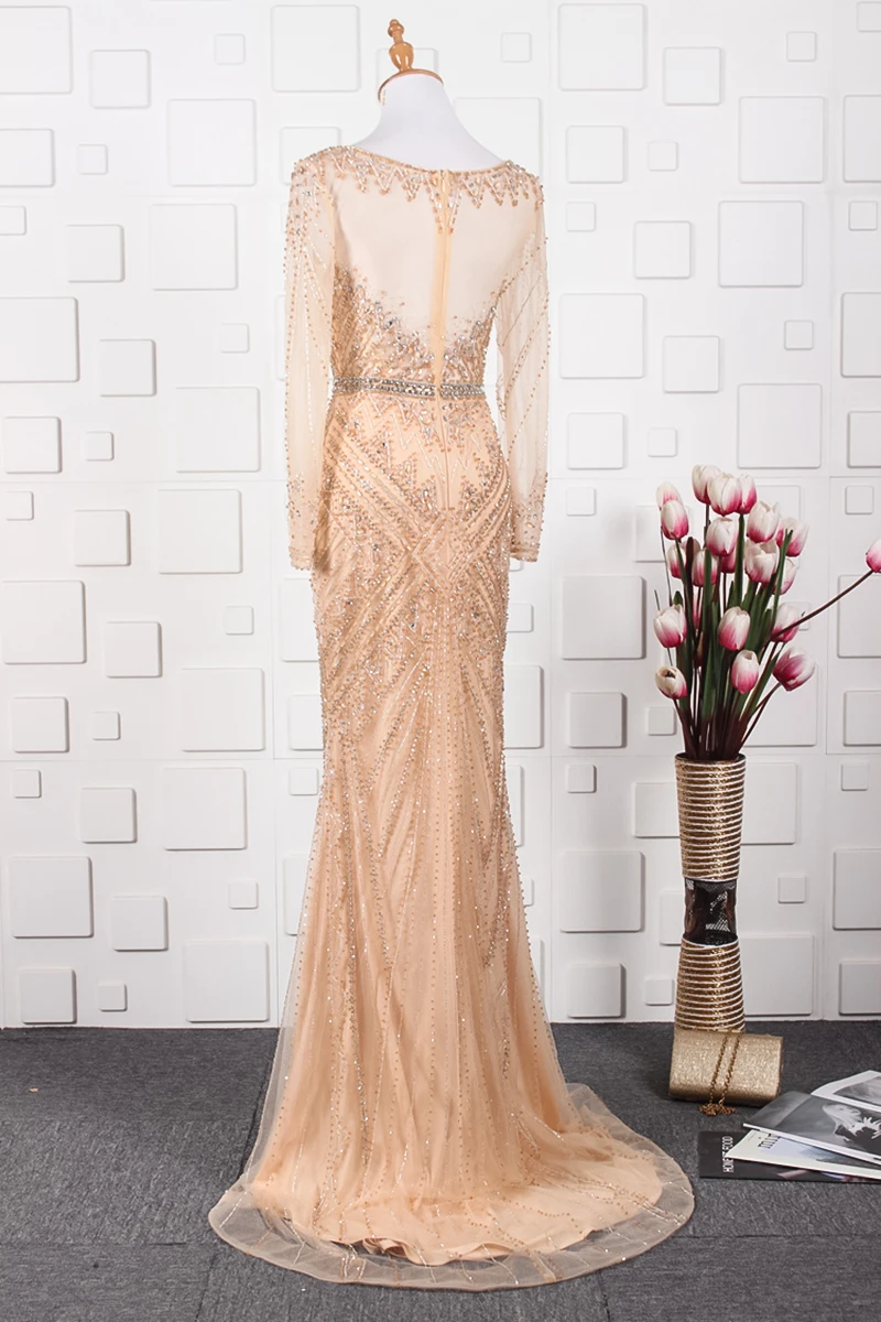 JANCEMBER vestido de gala, украшенный бусинами и кристаллами, длинный рукав, иллюзия, круглый вырез, со шлейфом, В Стиле Русалка, органза, Новые вечерние длинные платья
