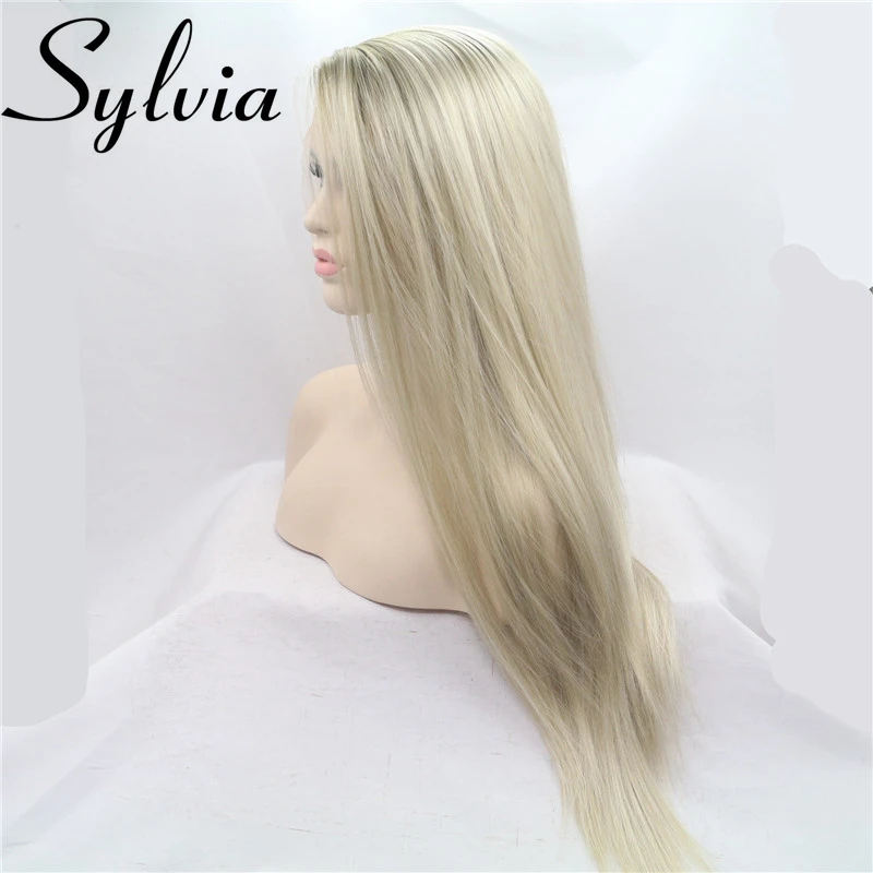 Sylvia Ombre Blonde Glueless парики на кружеве 2 тона цвет КОРИЧНЕВЫЙ корни боковая часть длинные прямые термостойкие синтетические женские волосы