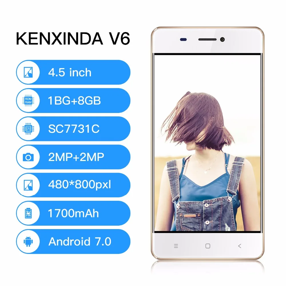 Смартфон KENXINDA V6 4 5 дюймов Android OS V 7 0 четыре ядра 1 2 ГГц ГБ ОЗУ 8 Гб ПЗУ 1700 мАч 3G две
