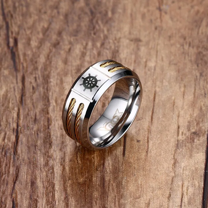 Мужское кольцо из нержавеющей стали золотого цвета с двойным проводом