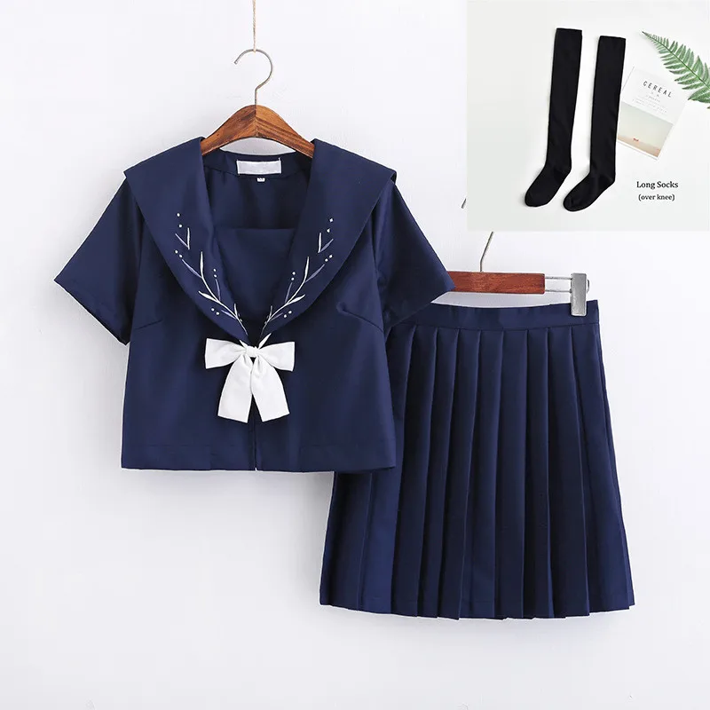 Short Set With Socks UPHYD Цветочная вышивка японский JK набор для девочек студенческая школа для женщин Новинка матросские Костюмы для девочек косплей униформа - Цвет: Short Set With Socks