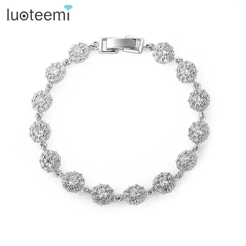 Модные женские браслеты LUOTEEMI из белого золота с прозрачным кубическим цирконием