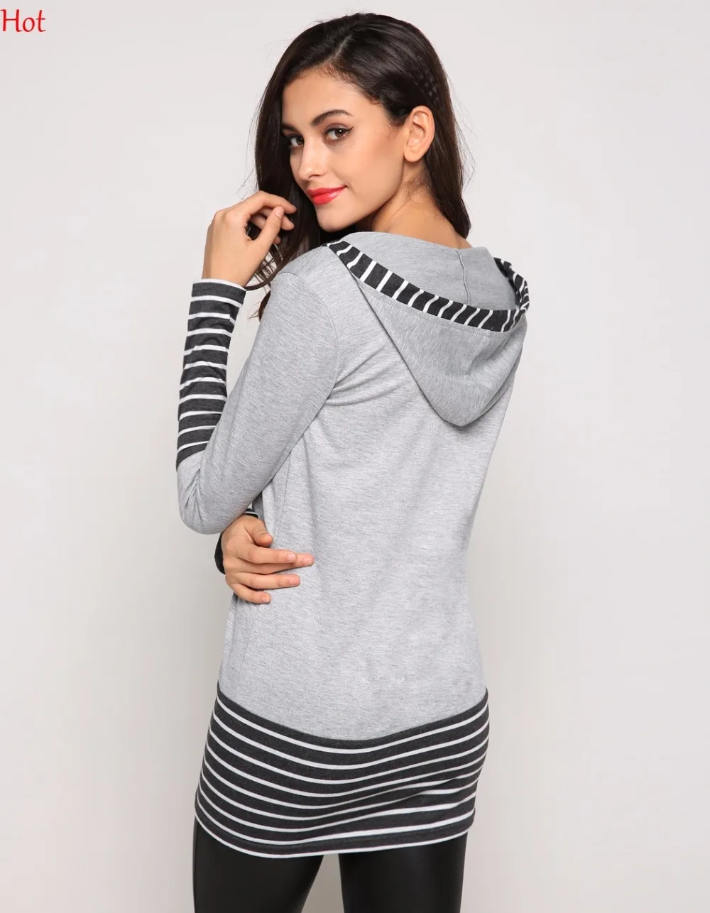 Hot Spring Womens Hoodies Striped Patchwork Long Sleeve Sweatshirts Slim Fitted Casual Clothing Hooded YC000881 | Женская одежда
