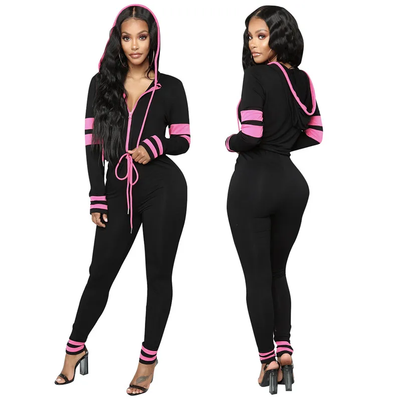 Sexy bodysuit tracksuit rompers womens jumpsuit hooded long sleeve skinny patchwork striped print overalls combinaison femme | Женская