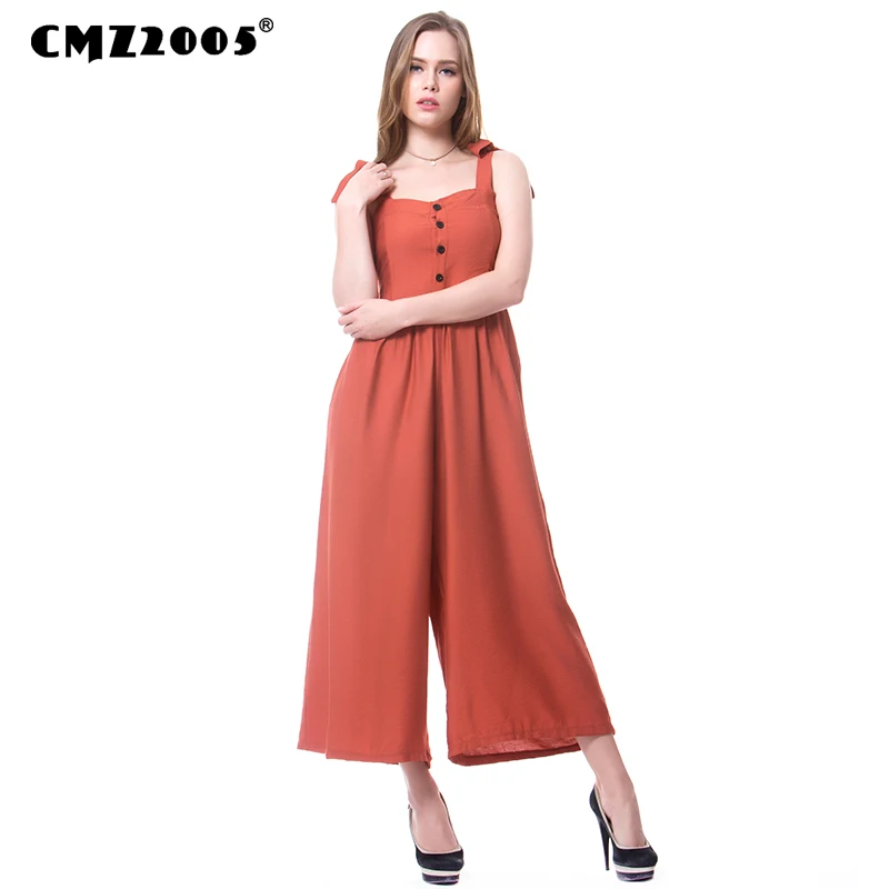 

Fashion Summer Vacation Spaghetti Strap Bohemian Style High Waist Wide Leg Women Jumpsuit Solid Color Beach Loose Jumpsuit 71636