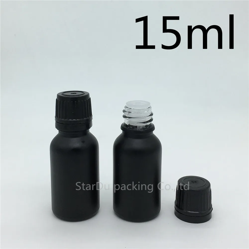 

200pcs/lot 15ML Black Frosted Glass Bottle 15cc Vials Essential Oil Bottle with black Plastic cover Perfume bottles