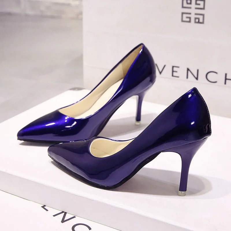 Blue 6CM Пикантная женская обувь; туфли-лодочки с острым носком; модельные туфли из лакированной кожи; туфли-лодочки на высоком каблуке; свадебные туфли; zapatos mujer; цвет белый, синий, красный - Цвет: Blue 6CM