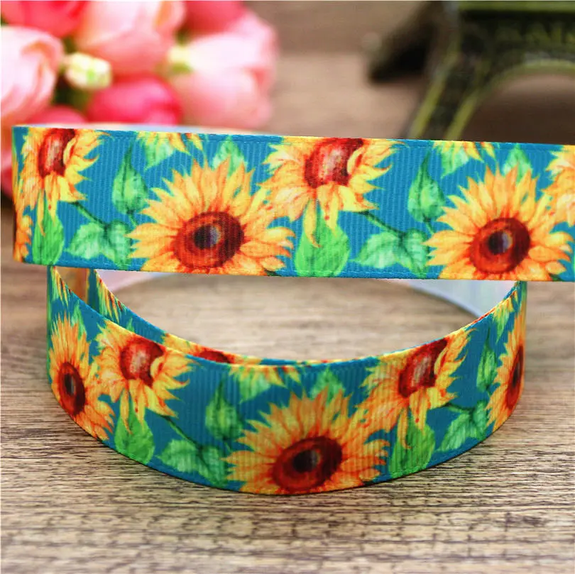 DUWES 7/8 ''Бесплатная доставка Цветы птицы подсолнухи печатные grosgrain ленточный