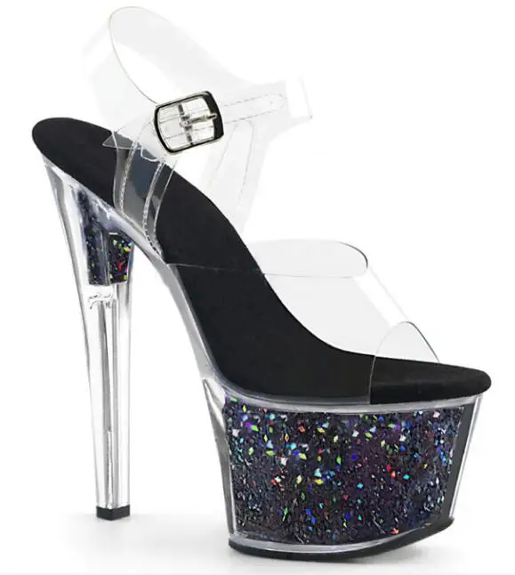 

BONJEAN Glitter Platform High Heel Sandals Transparent PVC Ankle Strap Woman Pole Dancing Shoes 17cm Super High Party Dress Shoe