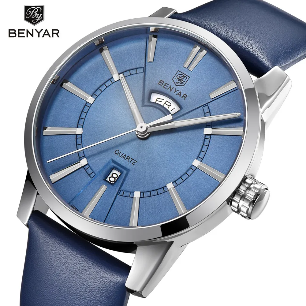 Новинка 2017 BENYAR Роскошные Брендовые мужские кожаные кварцевые часы Reloj Hombre Бизнес