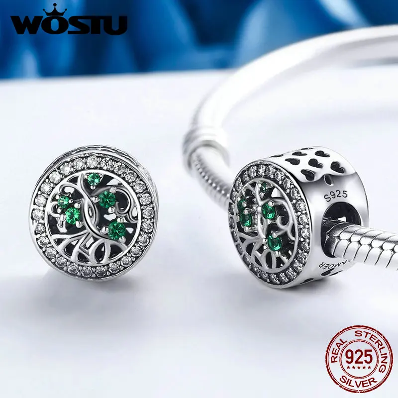 WOSTU, новинка, настоящее 925 пробы, серебряное дерево жизни, зеленые CZ бусины, подходят к оригинальному WST, браслет, ювелирное изделие, подарок CQC179
